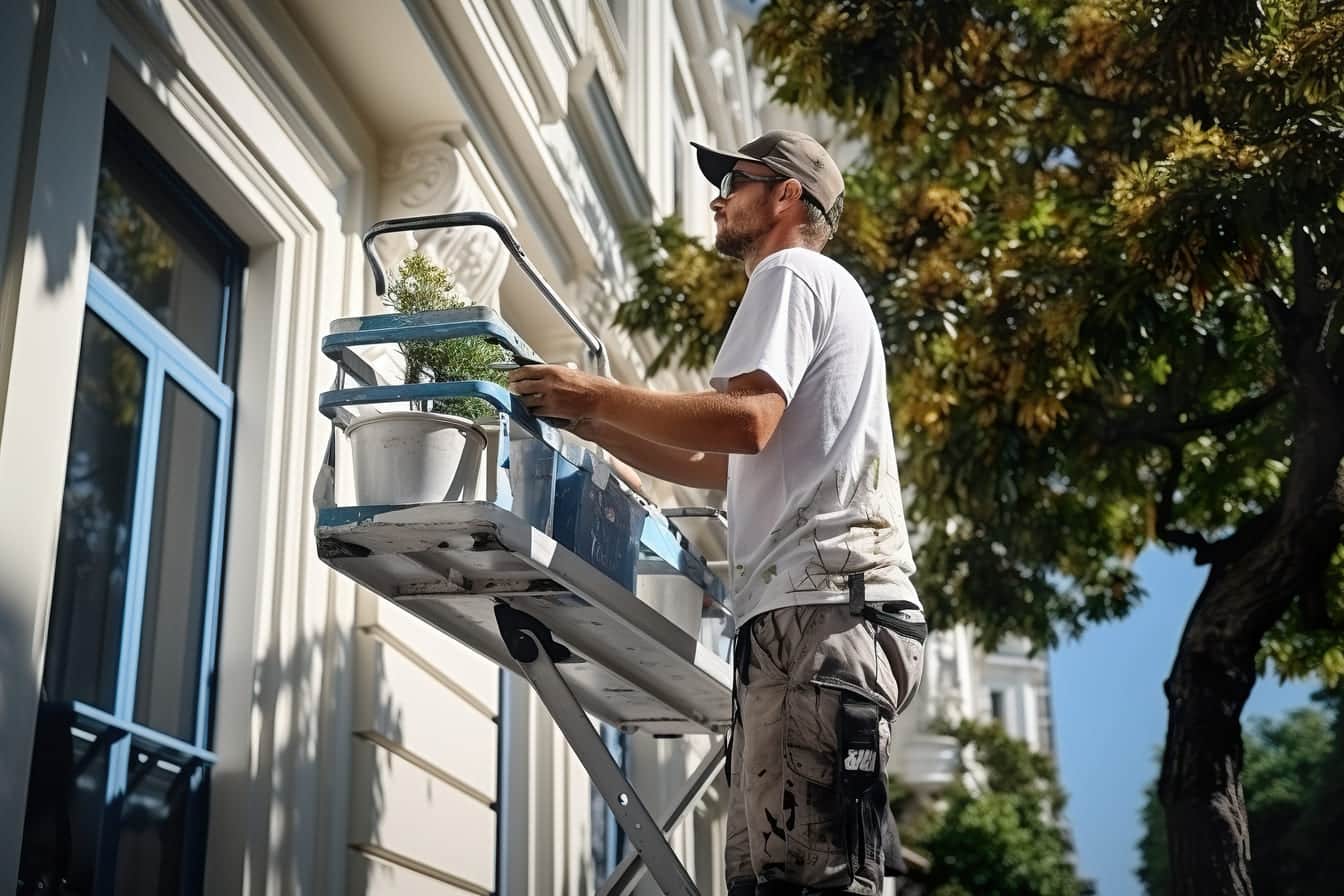 trabajadores verticales en reparación de fachadas